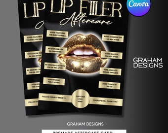 Lip Filler Aftercare Card, Black & Gold Aesthetics Template (Canva Editable)