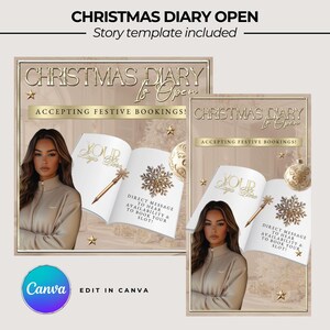 Może przedstawiać: Cyfrowy szablon dziennika świątecznego z motywem złotych i białych płatków śniegu, złotą ozdobą i tekstem "Christmas Diary is Open" oraz "Accepting Festive Bookings!"
