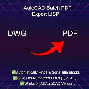 Puede incluir: Un gráfico digital para una herramienta LISP de exportación por lotes de PDF de AutoCAD. Muestra el texto 'DWG' y 'PDF' conectados por una flecha roja, con puntos que enumeran las funciones: encuentra y ordena automáticamente los bloques de título, guarda como PDF numerados y funciona en todas las versiones de AutoCAD.