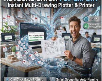 Könnte beinhalten: Eine digitale Werbeanzeige für die Software AutoCAD Batch PDF Export mit Texteinblendungen, einer Person, die eine technische Zeichnung hält, und einer grafischen Darstellung zahlreicher PDF-Dateien, die aus einem Monitor in einen Wirbel fließen.