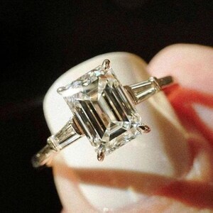 3 CT Emerald Cut Three Stone Ring 14K Gold Ring Colorless Moissanite Engagement Ring Side Tapered Baguette Wedding Ring Gift For Her
