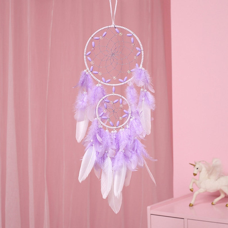 Purple Dream Catcher, Large Dreamcatcher, Handmade Feather Wall Decor Hanging for Girl Bedroom