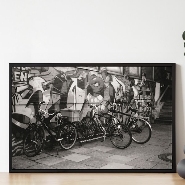 Bikes and graffiti digital printable artwork, analog black white photograpy, wall photography, digital printable art, lomography, smena