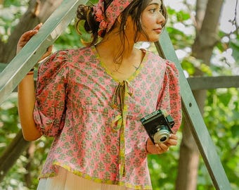 Pink Floral Top in Hand Block Printed Cotton for Women with Ribbon Bow Front Tie and Puff Sleeves for Summer