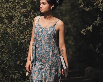 Boho Floral Slip Dress - Summer Midi Spring Block Print Women A Line Frock