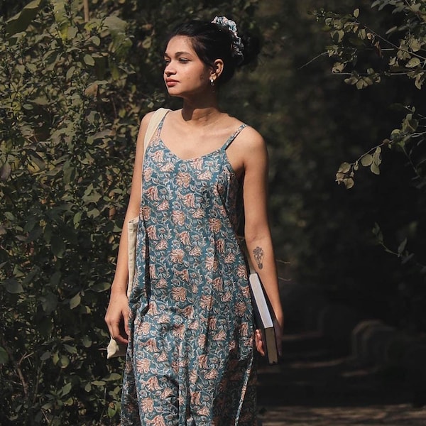 Boho Blumen Slip Kleid - Sommer Midi Frühling Block Print Frauen A-Linie Gehrock