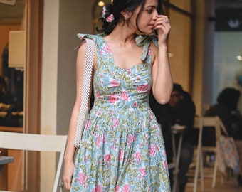 Boho Floral Western Dress – Midi Bohemian Summer Indian Block Print Clothing
