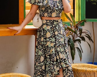 Ensemble coordonné bohème fluide - Robe de demoiselle d'honneur d'été pour invitée de mariage, haut court et jupe