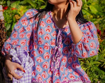 Blue Bow Tie Front Top in Hand Block Printed Pure Cotton for Women | Trendy Summer Blouse of Bohemian Aesthetics