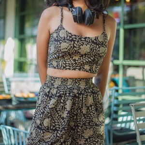 Slip floral block printed cotton crop top and matching flare pants with elastic waist and pockets for women- Odhanon