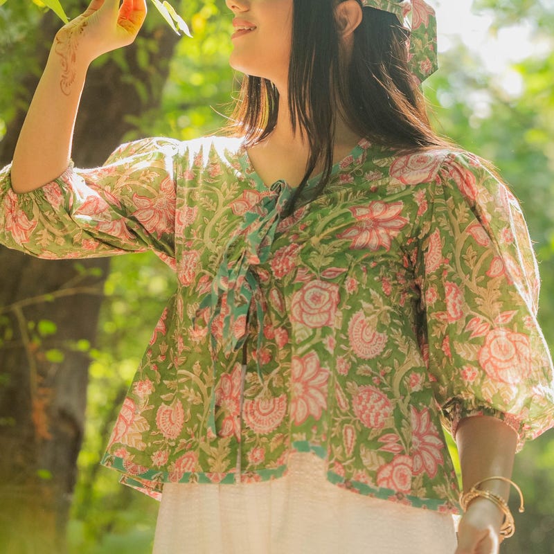 Boho Green Summer Cotton Tie Top - Resort Wear Essential