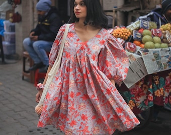 Flared Cotton Short Dress for Women| Bohemian Summer Outfit with Indian Floral Print and Puff Sleeves