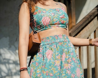 Ensemble assorti floral pour femmes Palazzo - Pantalons bohèmes personnalisés et haut court d'été