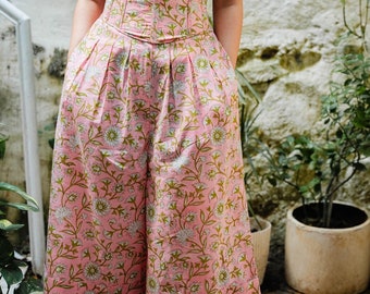 Ensemble coordonné corset fleuri - Pantalon large et haut corset bohème estival pour femme