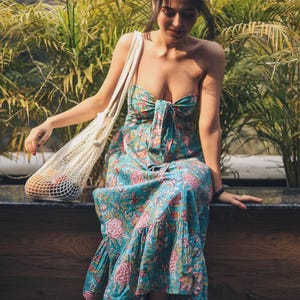 Bow tie up infinity dress for versatile styling in green hand block printed cotton- Odhanon