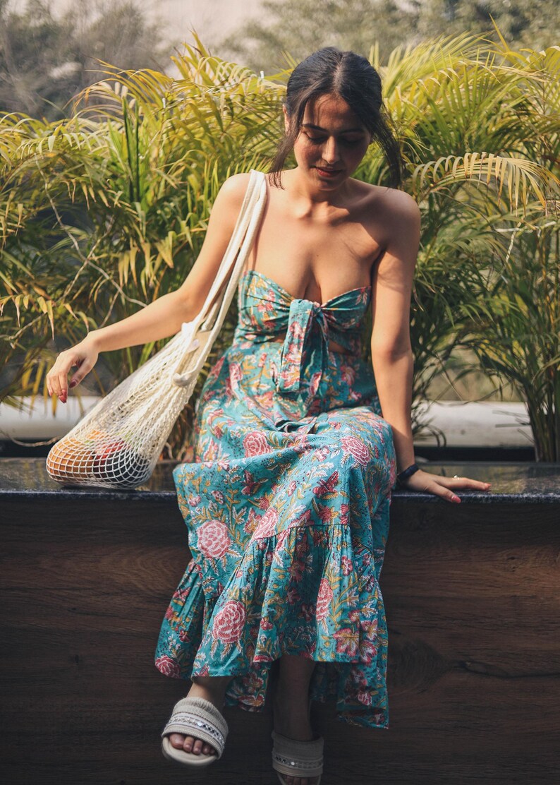 Bow tie up infinity dress for versatile styling in green hand block printed cotton- Odhanon