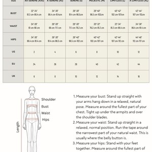 Pu&ograve; includere: Una tabella guida alle taglie con misure in centimetri. La tabella include misure di busto, vita e fianchi, insieme alle taglie USA, UE e Regno Unito. Sono incluse anche le istruzioni per la misurazione.