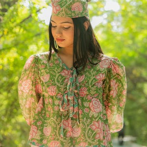 green matching head scarf in cotton and floral prints with tie up details for women hair accessory- Odhanon