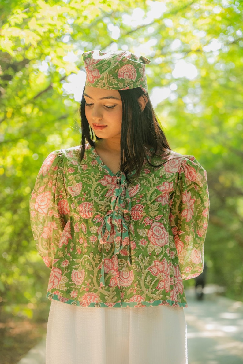 green matching head scarf in cotton and floral prints with tie up details for women hair accessory- Odhanon
