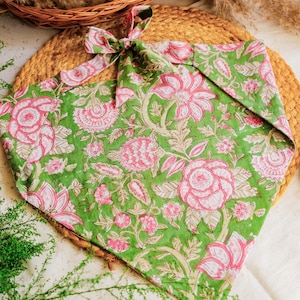green cotton triangle bandana in pink hand block floral print for women hair fashion- Odhanon