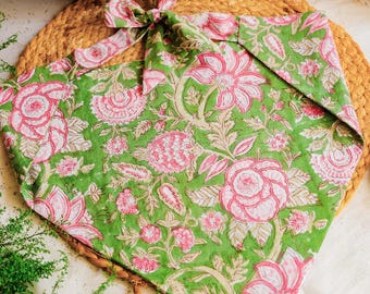 Green Boho Bandana in Block Printed Floral Cotton for Women | Hippie Women Hair Accessory for Summer