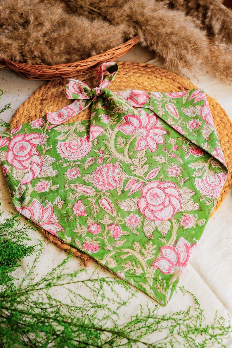 green cotton triangle bandana in pink hand block floral print for women hair fashion- Odhanon