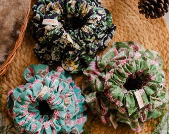 Set van 3 boho-haarscrunchies voor dameshaar | Met de hand bedrukte katoenen haaraccessoires