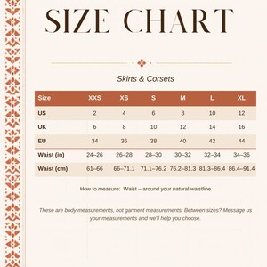 Odhanon size chart for skirts & corsets: sizes XXS to XL with US, UK and EU sizes and body measurements in inches and cm
