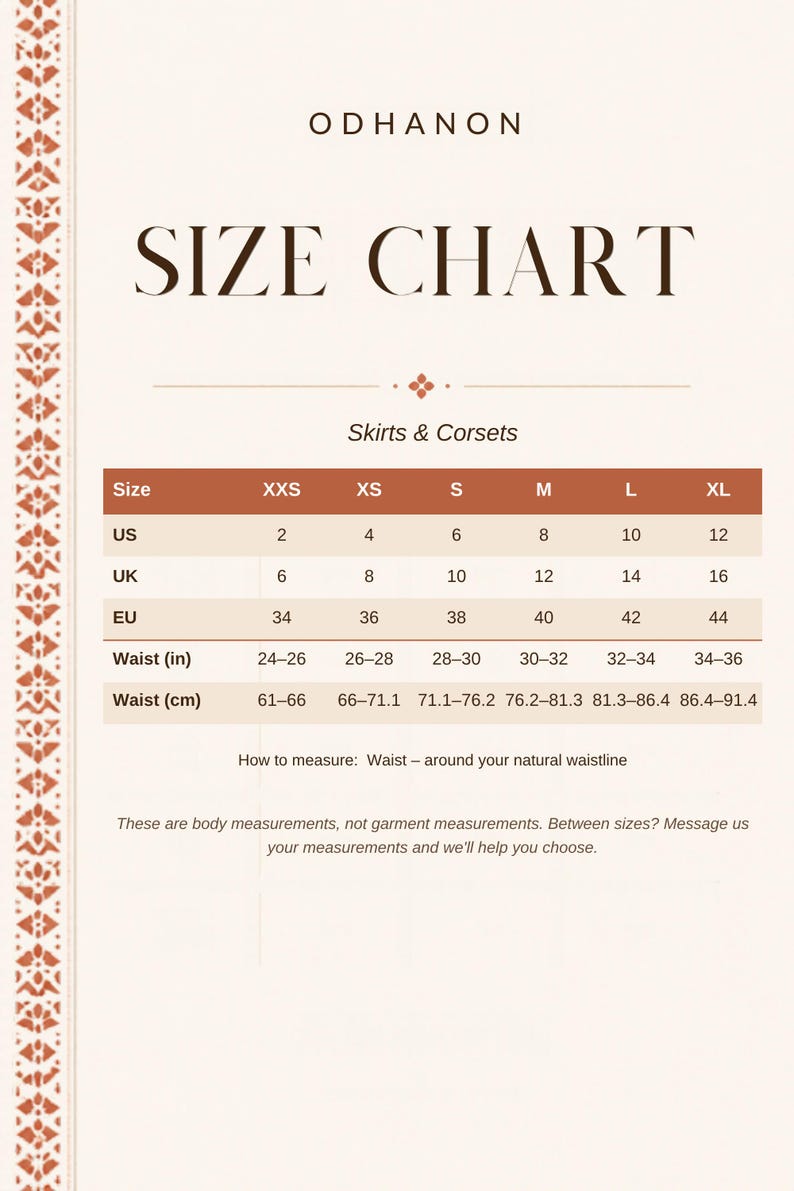 Odhanon size chart for skirts & corsets: sizes XXS to XL with US, UK and EU sizes and body measurements in inches and cm