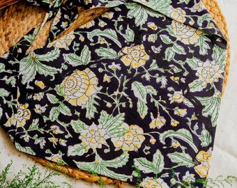 Black Floral Block Print Cotton Bandana | Boho Tie-Up Head Scarf Summer Accessory