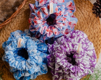 Set van 3 scrunchies met bloemenprint voor haaraccessoires voor dames | Set van scrunchy katoen met handblokken bedrukt