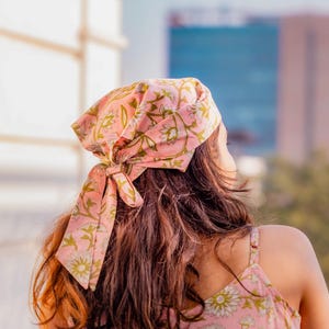 Cute pink summer bandana in floral hand block printed cotton for women hair fashion- Odhanon