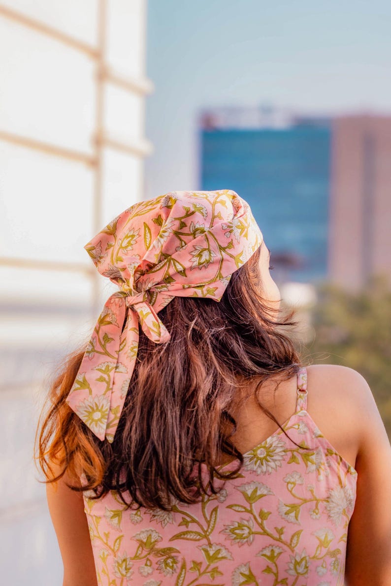 Cute pink summer bandana in floral hand block printed cotton for women hair fashion- Odhanon