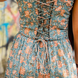 stylish hard tube corset top with stretchy back and corset strings, made in floral hand block printed cotton, made in India- Odhanon
