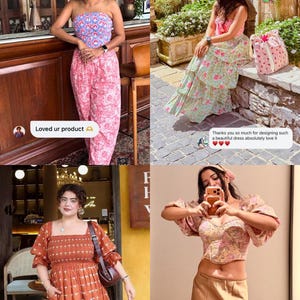 Peut inclure: Image pr&eacute;sentant quatre personnes portant diff&eacute;rentes tenues. Les tenues comprennent un ensemble bustier et pantalon, une jupe &agrave; fleurs &agrave; volants et un haut, une robe couleur rouille et un crop top &agrave; motifs avec une jupe. Le texte indique "SHOPPERS in Odhanon."
