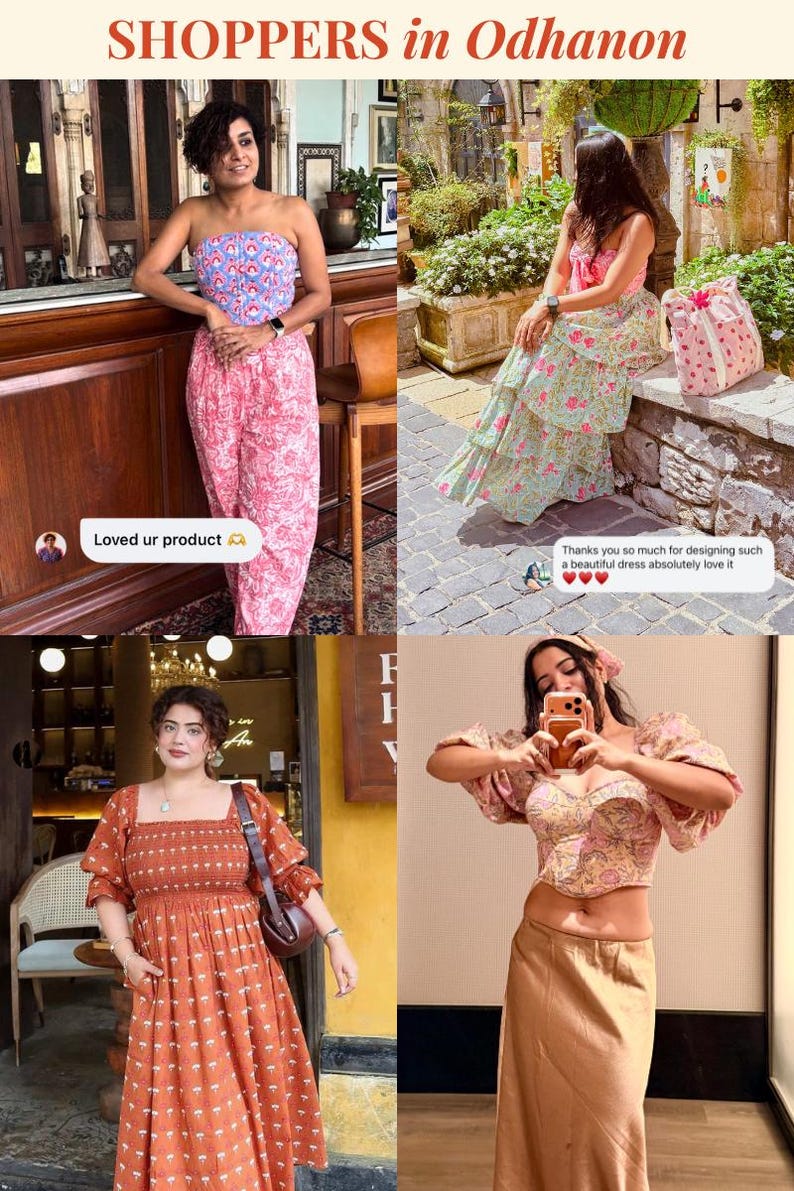 Peut inclure: Image pr&eacute;sentant quatre personnes portant diff&eacute;rentes tenues. Les tenues comprennent un ensemble bustier et pantalon, une jupe &agrave; fleurs &agrave; volants et un haut, une robe couleur rouille et un crop top &agrave; motifs avec une jupe. Le texte indique "SHOPPERS in Odhanon."