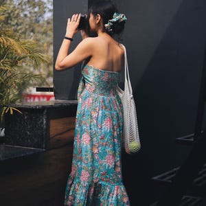Floral beach summer dress with infinity style tie up bow in front and stretchable back- Odhanon