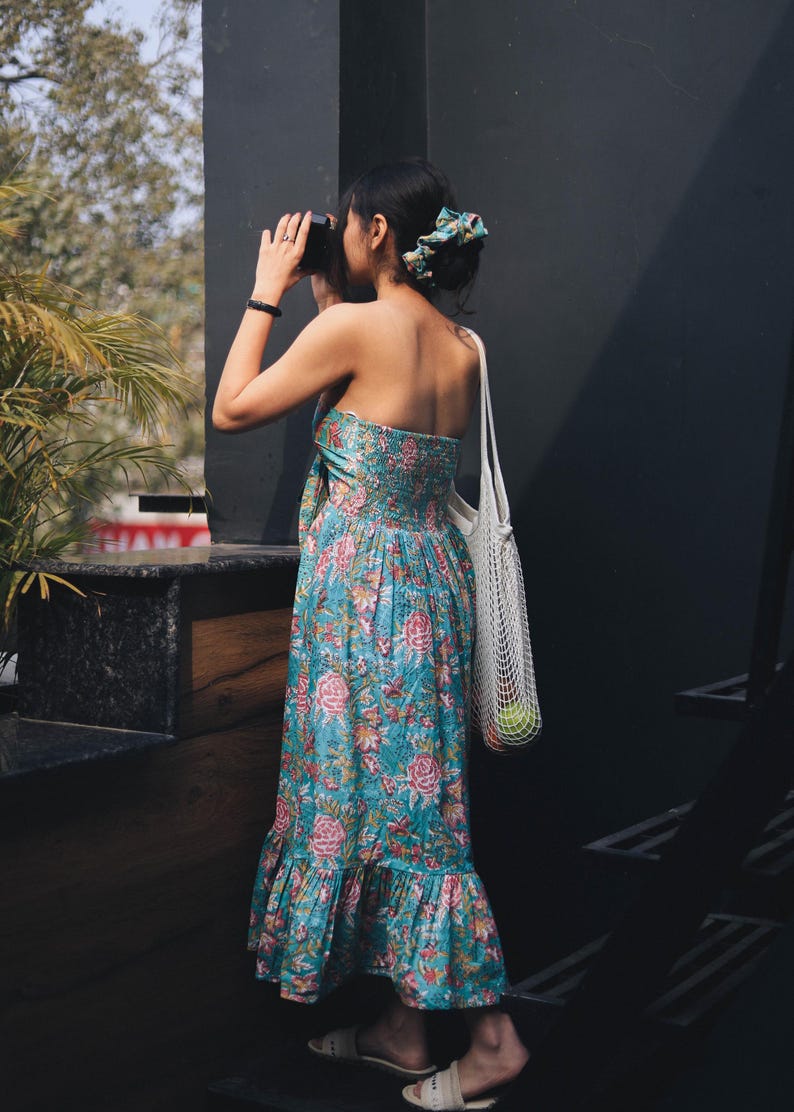 Floral beach summer dress with infinity style tie up bow in front and stretchable back- Odhanon