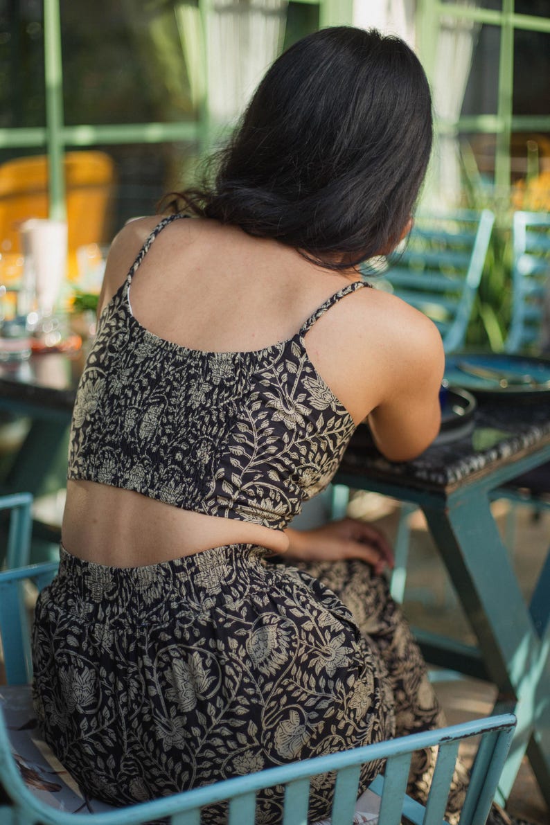 stretchable floral block printed crop top and high rise wide leg long pants for women summer fashion- Odhanon
