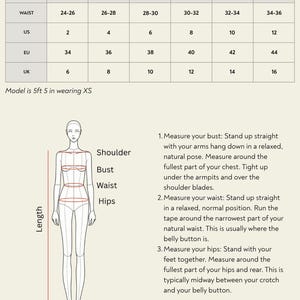 May include: A size guide chart with waist, US, EU, and UK measurements. The chart includes sizes XX-Serene (XXS) to X-Limitless (XL). A diagram illustrates how to measure bust, waist, and hips. The model is 5ft 5in and wearing XS.