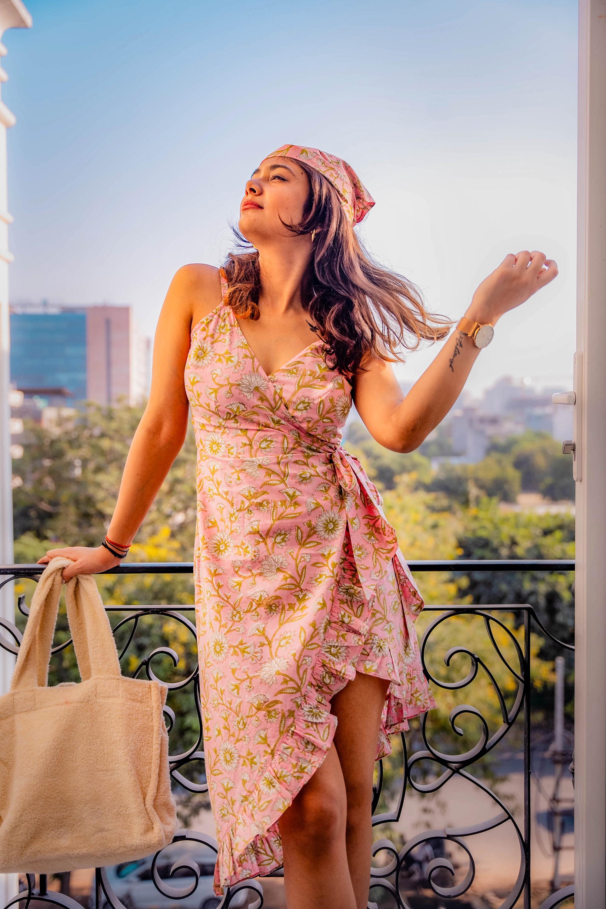 Pink Summer Wrap Dress in Hand Block Printed Cotton for Women| Tie Up Floral Asymmetric Vacation Dress for Spring
