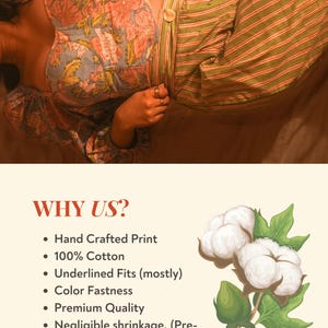 Peut inclure: Une personne porte un haut &agrave; imprim&eacute; floral et un pantalon ray&eacute;. Le haut est bleu clair avec des fleurs roses et oranges. Le pantalon est vert avec des rayures rouges. L'image comprend &eacute;galement le texte "WHY US?" et r&eacute;pertorie des caract&eacute;ristiques telles que "Hand Crafted Print" et "100% Cotton."