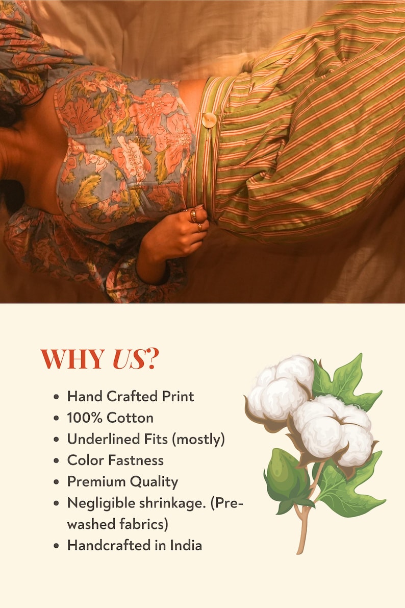Peut inclure: Une personne porte un haut &agrave; imprim&eacute; floral et un pantalon ray&eacute;. Le haut est bleu clair avec des fleurs roses et oranges. Le pantalon est vert avec des rayures rouges. L'image comprend &eacute;galement le texte "WHY US?" et r&eacute;pertorie des caract&eacute;ristiques telles que "Hand Crafted Print" et "100% Cotton."