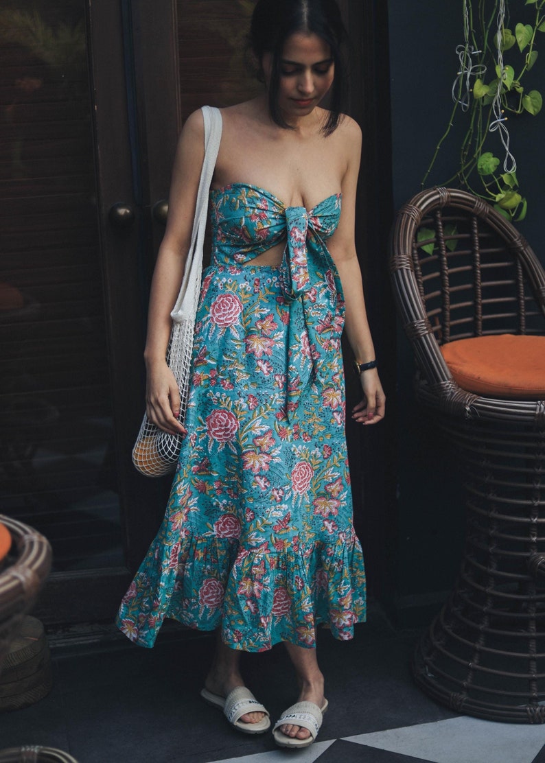 Infinity bow mid length dress in beautiful floral print on summer green color for women's beach vacations- Odhanon