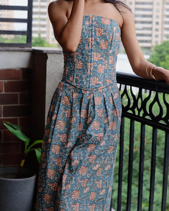 Floral Corset Coord Set– Summer Vacations Women Crop Top Wide Leg Pants