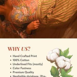 May include: Floral print top and striped pants. The top features a light blue base with pink and peach floral patterns. The pants have green and white stripes. The image also includes text that says "WHY US?" and lists product features.
