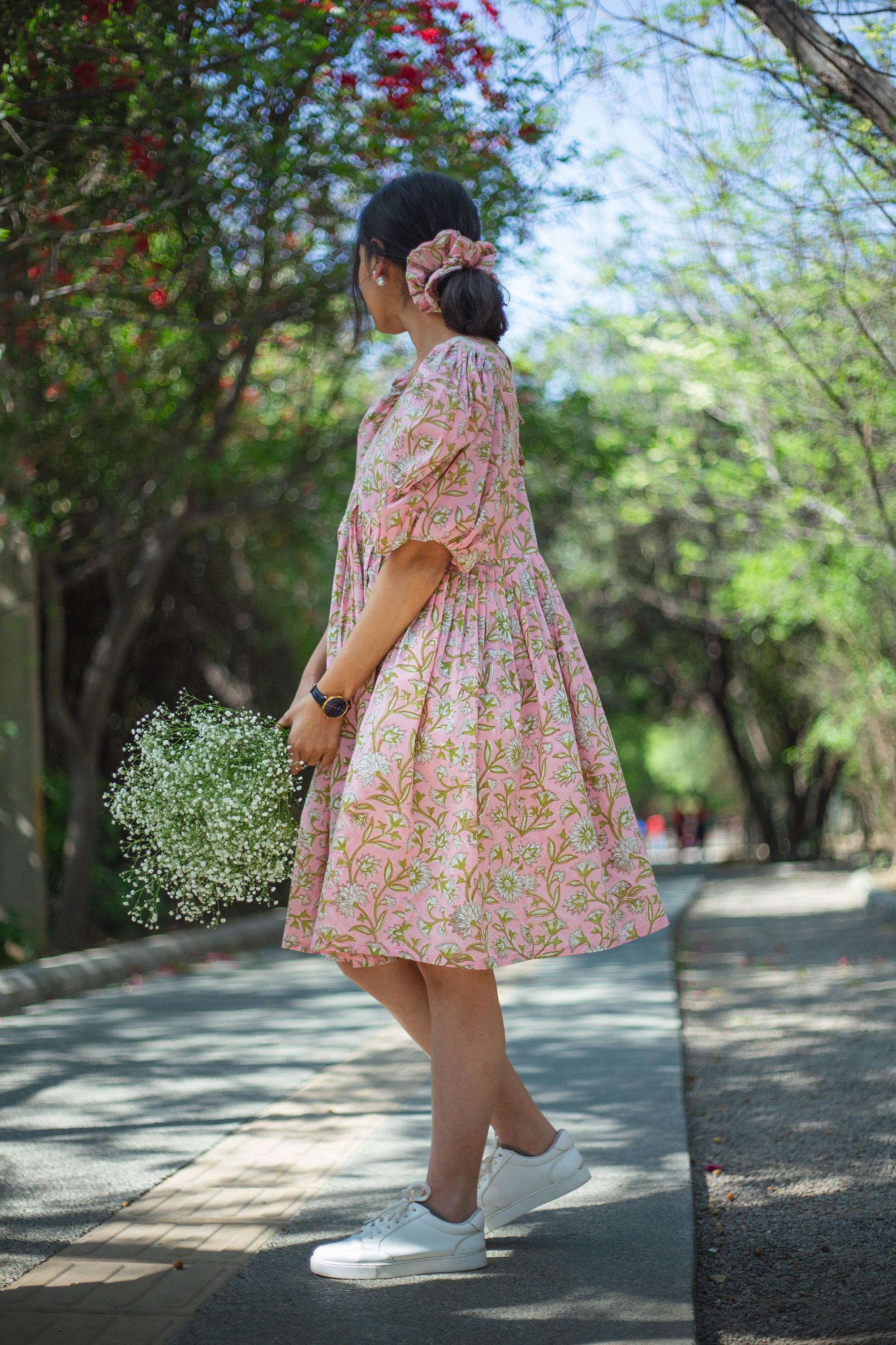 Spring Floral Short Dress - Summer Beach Block Print Cotton Sundress For Women