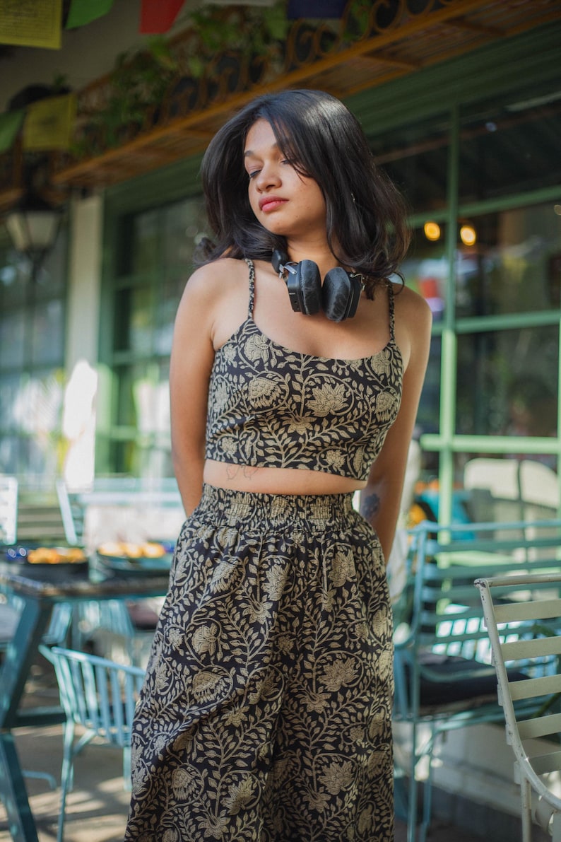 Slip floral block printed cotton crop top and matching flare pants with elastic waist and pockets for women- Odhanon