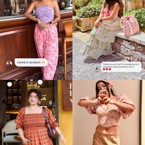 May include: Image featuring four women in various outfits. The outfits include a floral tube top and pants, a tiered floral skirt, a rust-colored dress, and a patterned crop top with a long skirt. Text at the top reads "SHOPPERS in Odhanon."