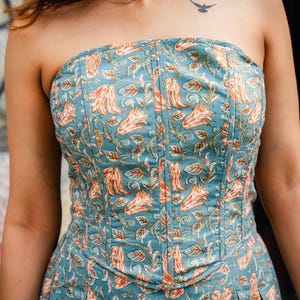 hard bandana corset top in floral hand block printed cotton and v shape hem for women- Odhanon
